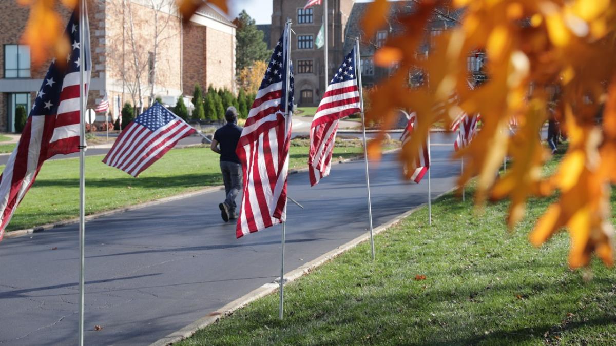 Flags lined up on Mercy Drive