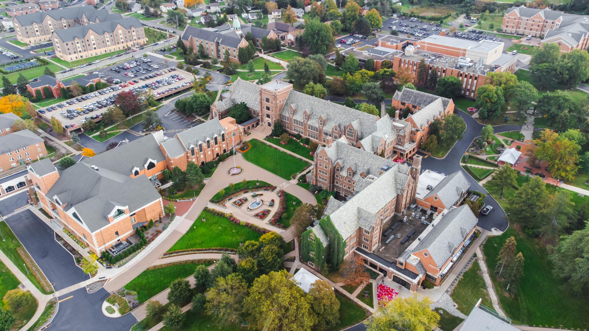 a drone shot of mercyhurst university