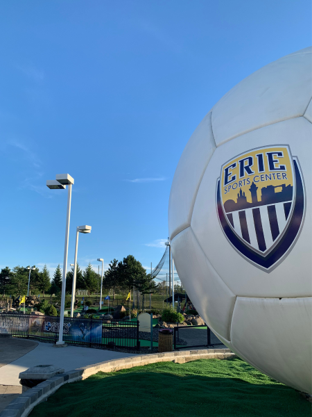 giant soccer ball with erie sports center emblem